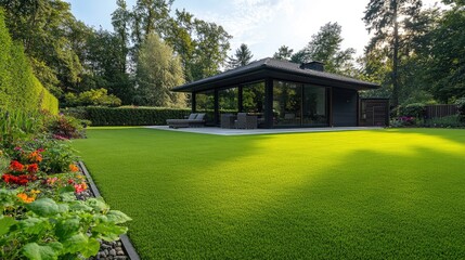 Expansive lawn surrounding a one-story house with a side yard and flower garden
