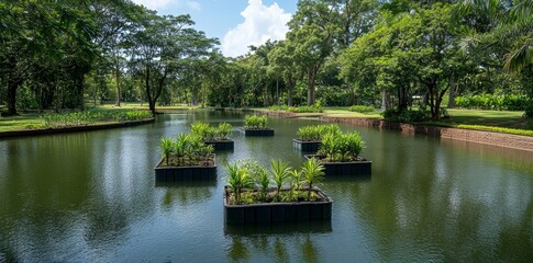 Fototapeta premium A tranquil lake is encircled by trees planted in recycled containers, illustrating the harmonious blend of ecological restoration and environmental care.