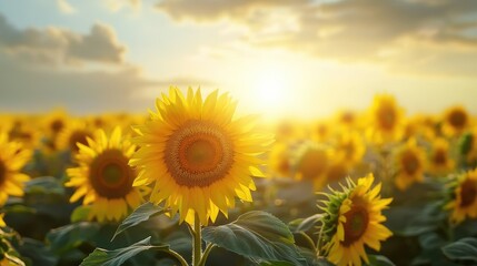 Field of sunflowers turning towards the sun, representing renewable energy