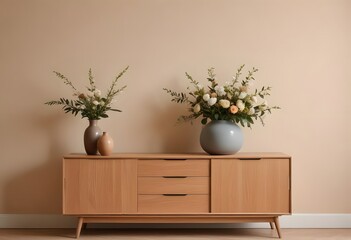 A wooden sideboard with two vases of white flowers, set against a beige wall