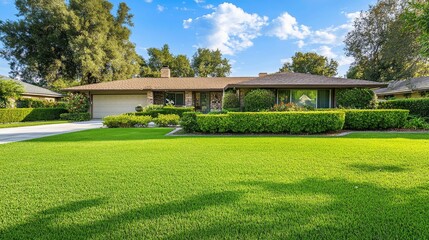 Fototapeta premium Green lawn adjacent to a one-story house with a spacious front yard and hedges