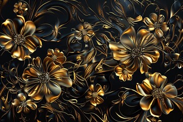 Fototapeta premium Abstract wall art panels with golden floral isolated on black.