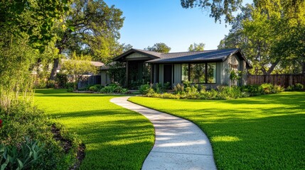 Obraz premium Green lawn beside a one-story house with a welcoming front yard and pathway