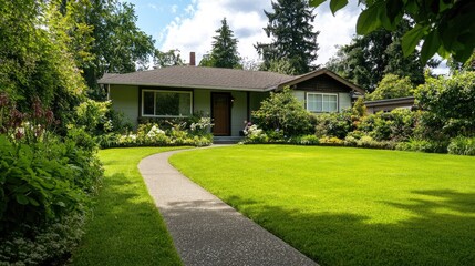 Fototapeta premium Green lawn beside a one-story house with a welcoming front yard and pathway