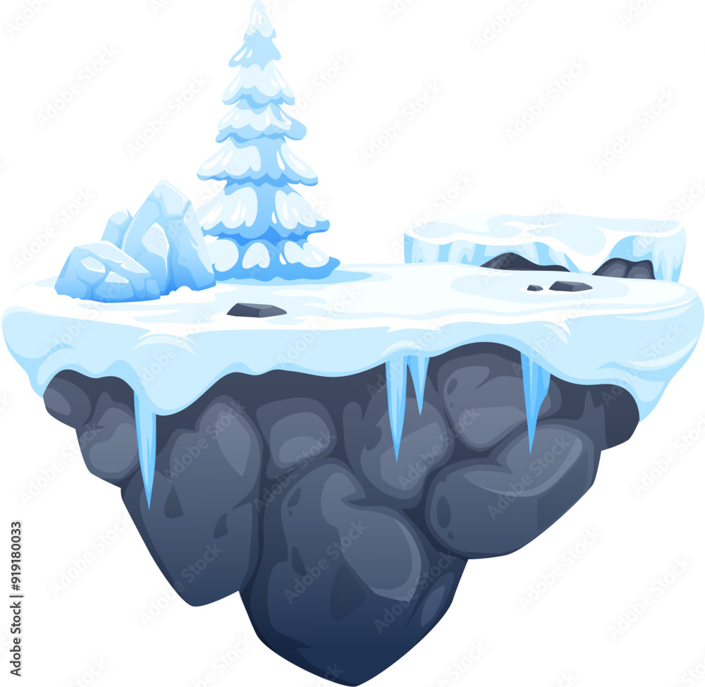 Poster arcade game platform with ice and snow, winter level game asset. vector floating ui island with snow