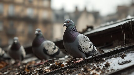 Fototapeta premium Pigeons Perched on a Wet Rooftop