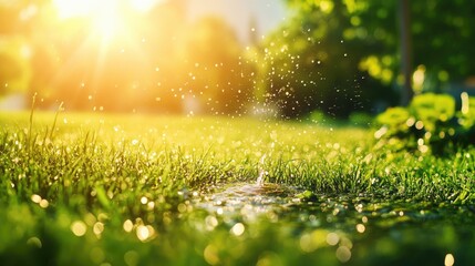Green lawn with a sprinkler system watering the grass on a sunny day
