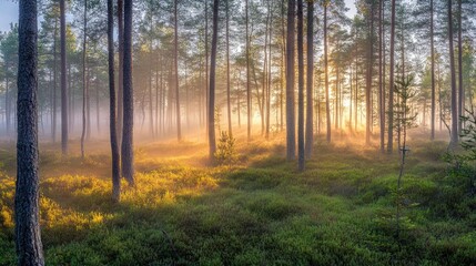 Obraz premium Green pine forest at dawn, with mist rising from the forest floor