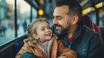 Father and daughter having a great time while commuting, cheerful and playful interaction in vehicle, joyful travel experience

