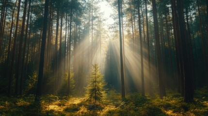 Obraz premium Green pine forest on a sunny day, with rays of light creating a magical atmosphere