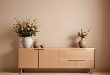 A wooden sideboard with two vases of white flowers, set against a beige wall
