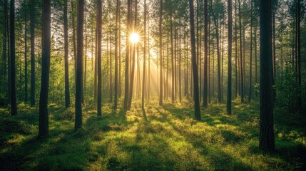 Green pine forest on a sunny day, with rays of light creating a magical atmosphere