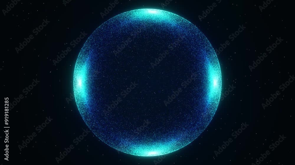 Poster abstract blue sphere of moving particles. spherical hologram on dark background. blue ball of glowin