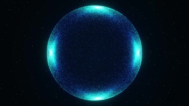 Abstract blue sphere of moving particles. Spherical hologram on dark background. Blue ball of glowing bright particles flying in space. Futuristic globalization background. 3D rendering. 4K animation