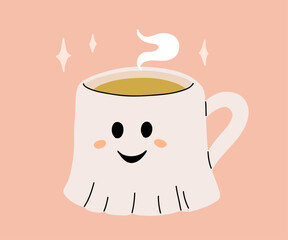 Vector collection of cute Halloween mugs. Hot cocoa with marshmallow, coffee and tea cups with cute faces, ghost, pumpkin, witch black cat and skull. Flat cartoon illustration on pink background