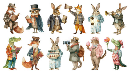 PNG vintage animal character element set, transparent background