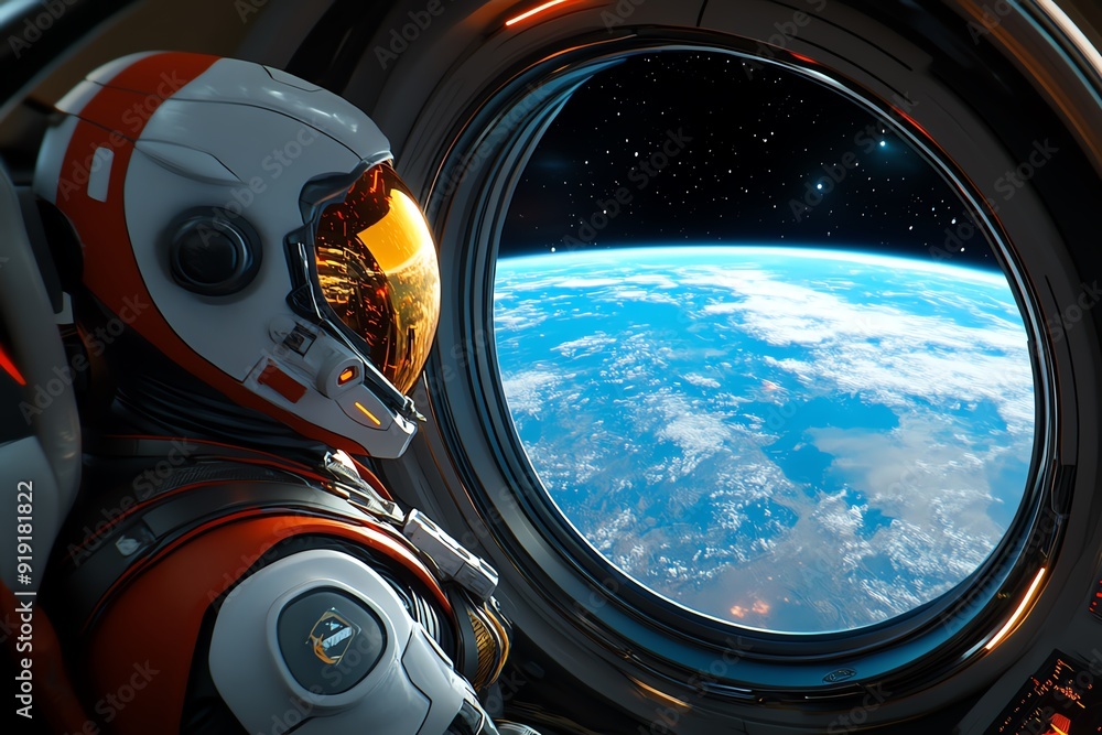 Poster A Sci-Fi spacecraft in deep space, where advanced technology and AI are used to navigate and maintain the vessel, with a view of distant stars through massive windows