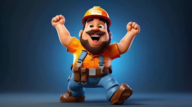 A happy male construction worker character celebrates success on a blue background, exuding excitement and satisfaction