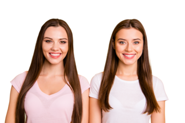Close up photo two people beautiful funny funky she her models chic ladies perfect teeth pretty appearance long straight hairdo wearing white pink casual t-shirts isolated yellow background