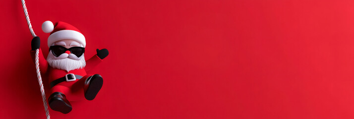 3d render secret Santa Claus wearing sunglasses swinging on a rope