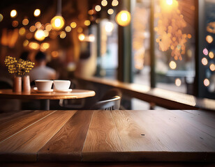 empty table in coffee shop blur background with bokeh lighs. copy space for your desing