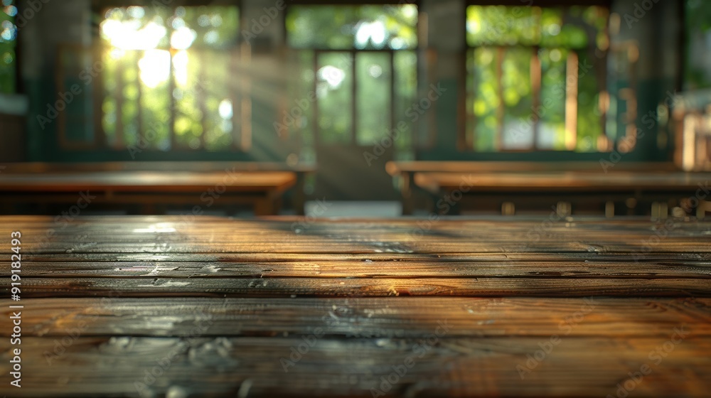 Poster sunlight streaming through windows onto empty wooden classroom desks, creating a warm and inviting e