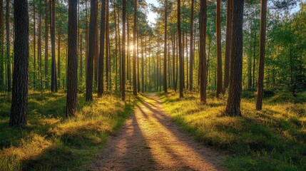 Obraz premium Path through a green pine forest with tall trees and a clear sky above