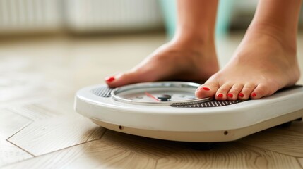 Close-up of a woman's feet on a scale, indicating a moment of checking weight, a step towards health and fitness.