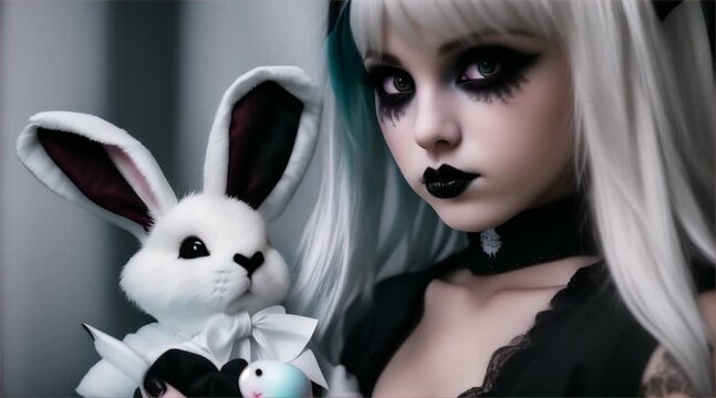 Sad emo girl holding a white rabbit