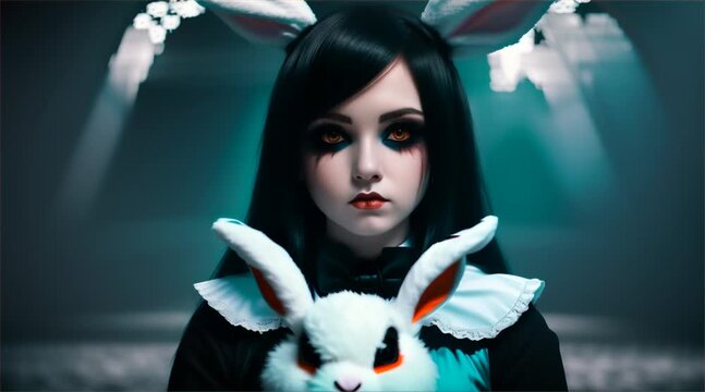 Sad emo girl holding a white rabbit