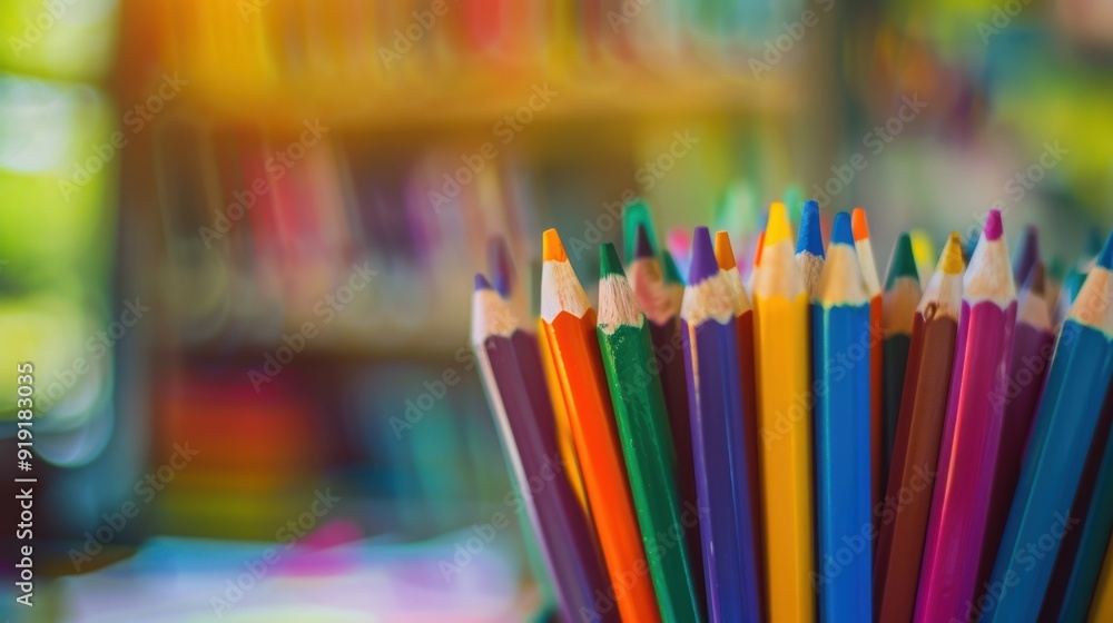Poster a close-up of colorful pencils in a holder, with a blurred bokeh background creating a vibrant and a