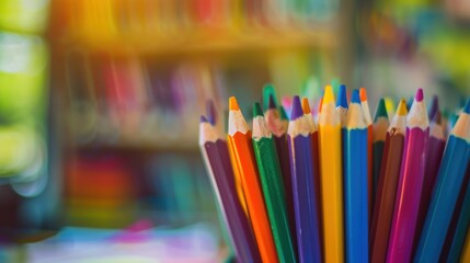 Fototapeta premium A close-up of colorful pencils in a holder, with a blurred bokeh background creating a vibrant and artistic atmosphere.