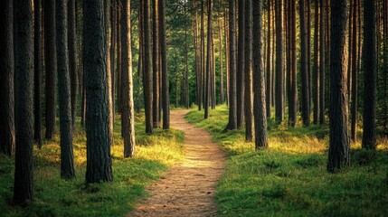 Obraz premium Pine forest with a narrow dirt path winding through the tall trees
