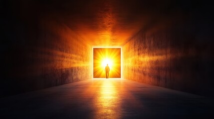 Illuminated Path to Success - Watercolor Style Design with Copy Space for Text in Dark Tunnel