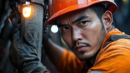 Fototapeta premium A man in an orange shirt and a hard hat is looking at the camera