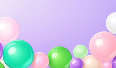 Festive bubbles decoration on pastel purple background. Balls pattern. Glossy 3d spheres or marbles. Celebration, birthday, wedding, baby shower, anniversary, party, women's day.	With copy space.