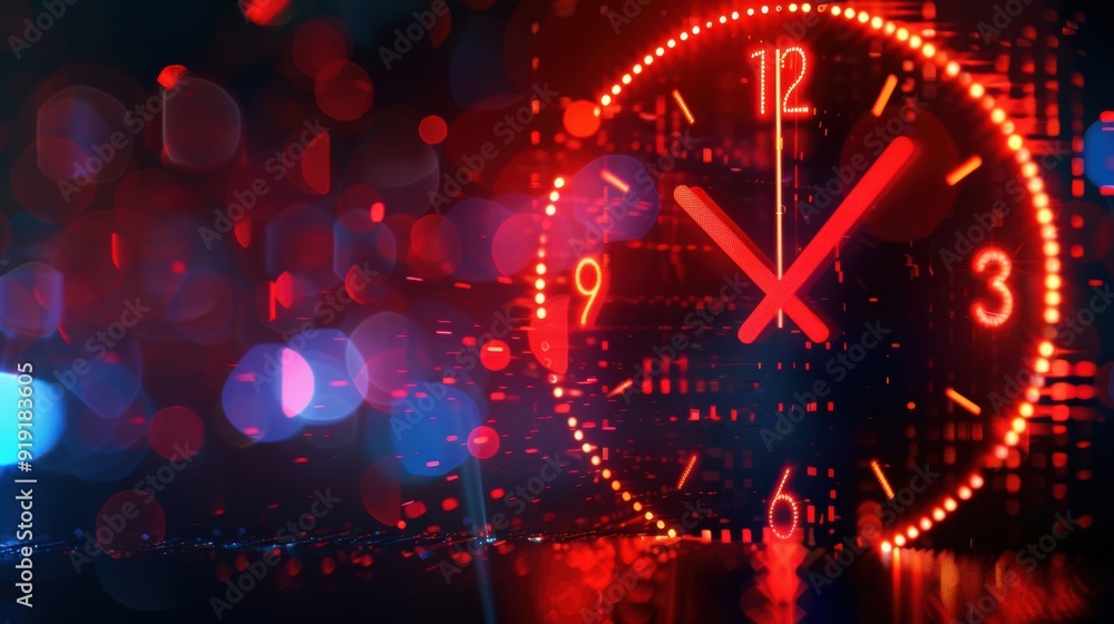 Poster a digital clock displaying the time with red neon lights, set against a background of colorful bokeh
