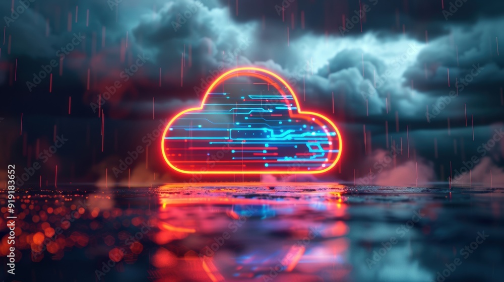 Poster a neon cloud icon with digital circuitry illuminated against a stormy sky, symbolizing cloud computi