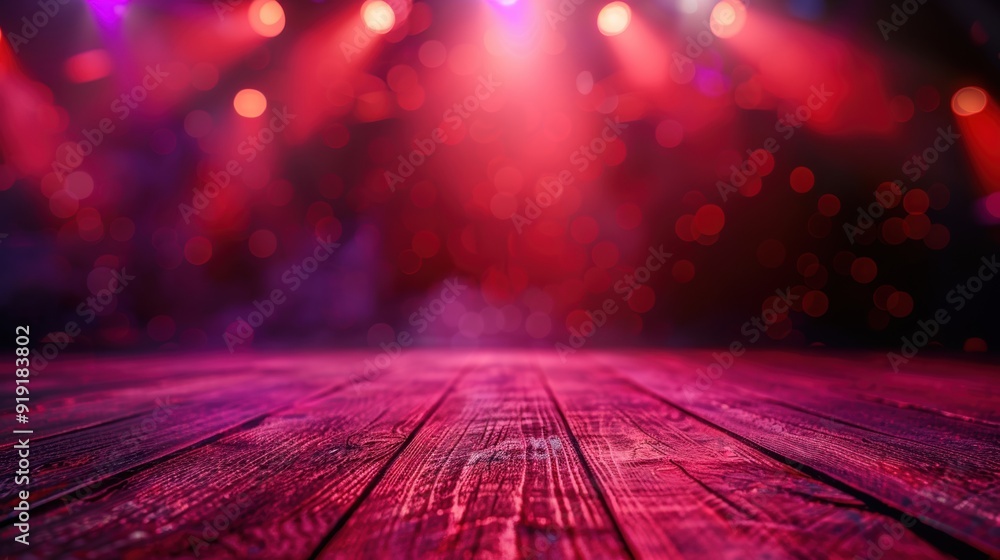 Poster empty stage with red spotlights and bokeh background, setting the mood for a dramatic and exciting p