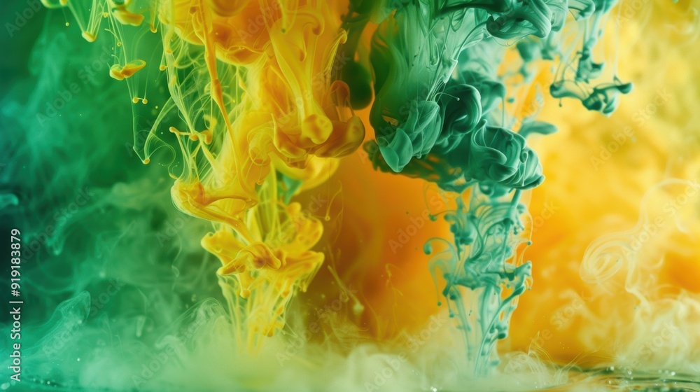 Poster green and yellow ink swirling and merging in water, creating a vibrant and colorful abstract visual.