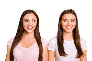 Close up photo two people beautiful funky funny she her ladies look side silly childish mod know...
