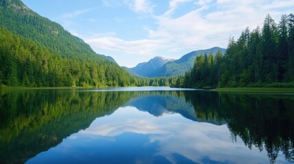 Fototapeta premium Serene lake surrounded by dense forest and mountains, reflecting the sky