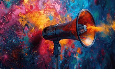 conceptual advertising banner on digital media marketing theme with wireframe megaphone or loudspeaker on colorful background.