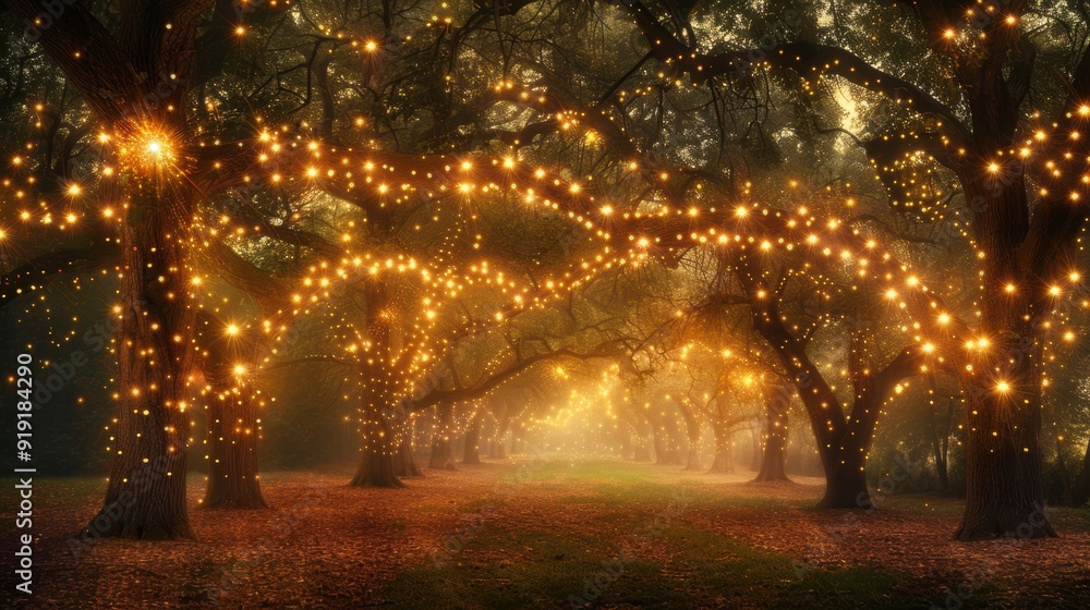 Poster an enchanting forest pathway illuminated by twinkling fairy lights creating a magical and serene atm