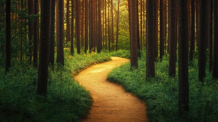 Obraz premium Serene pathway winding through a lush green pine forest with tall trees