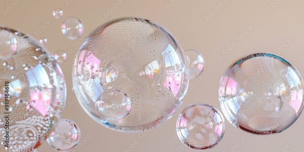 Poster a close-up view of reflective soap bubbles, capturing intricate details and delicate reflections in 