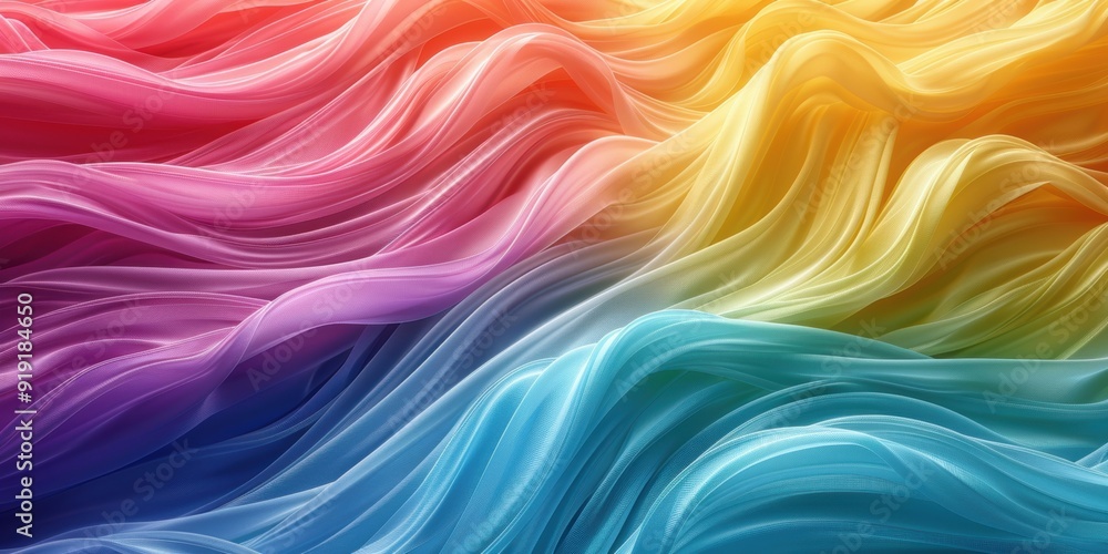 Poster draped colorful silk fabrics creating a beautiful wave pattern, showcasing a spectrum of vibrant hue