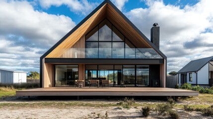 A modern A-frame house with large windows,showcasing contemporary architecture blending with the environment.AI generated for Ads