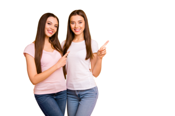 Close up photo two people beautiful she her ladies models best buddies hand arm fingers indicate direct empty space cool offer black friday wear white pink casual t-shirts isolated yellow background