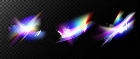 Realistic rainbow flares reflection light elements with overlay effect Vector set. Crystal iridescent leak glare reflection effects. Iridescent optical lights. Vector illustration